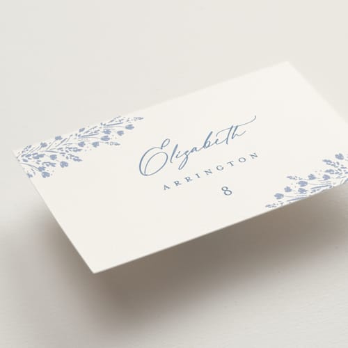 This is a periwinkle wedding place cards with standard by Kristie Kern called villa printing on signature in placecard