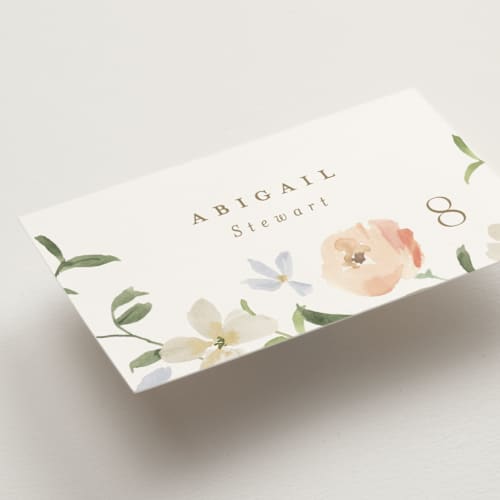 This is a peach wedding place cards with standard by Everett Paper Goods called garden view printing on signature in placecard