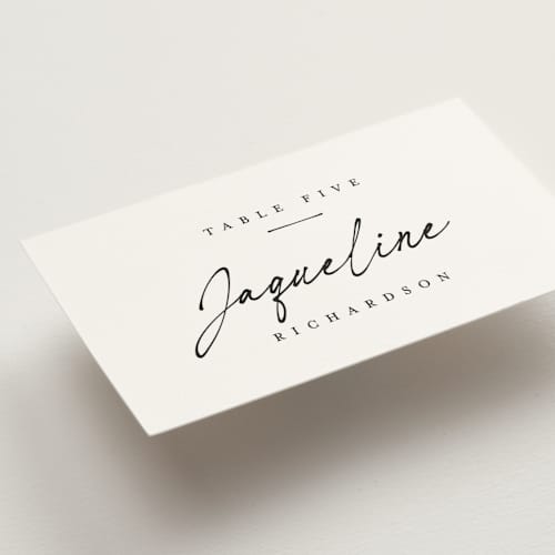 This is a linen wedding place cards with standard by Ana de Sousa called scripted elegance printing on signature in placecard