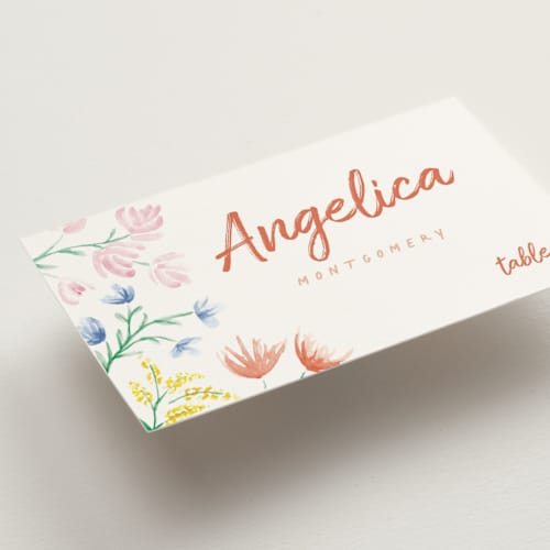 This is a peach wedding place cards with standard by Zani van Zyl called flora printing on signature in placecard