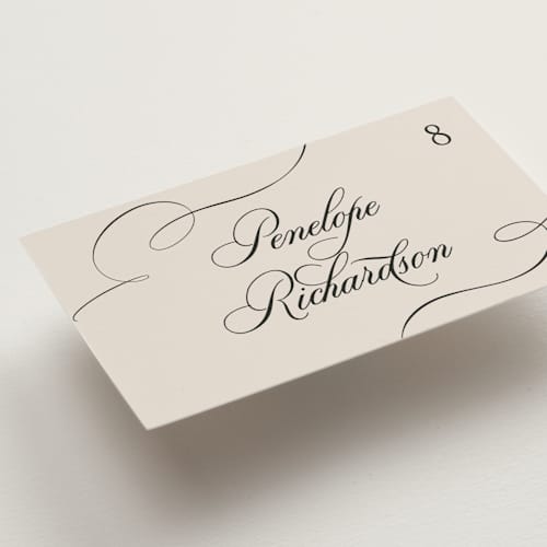 This is a black tie wedding place cards with standard by Hooray Creative called scripted names printing on signature in placecard