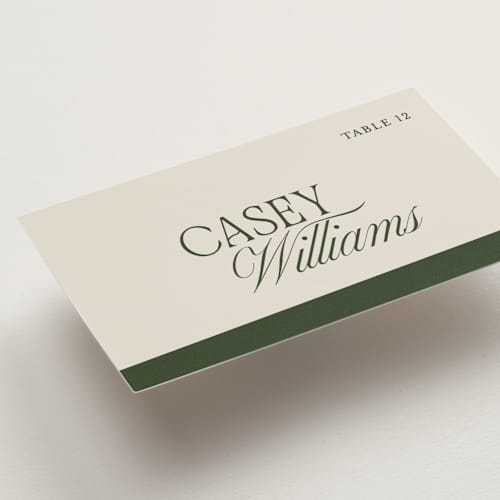 This is a moss wedding place cards with standard by Kelly Watkins called literary printing on signature in placecard