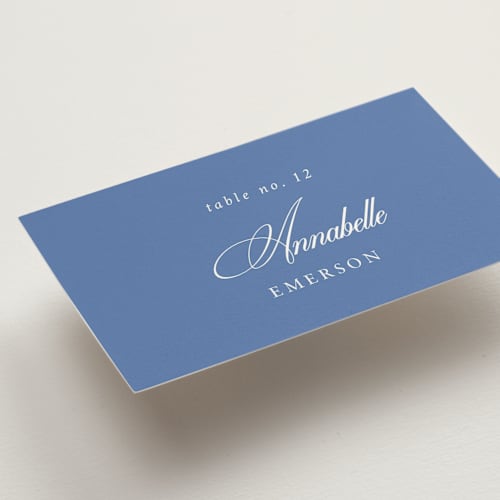 This is a blue mist wedding place cards with standard by Design Lotus called amalfi blue printing on signature in placecard