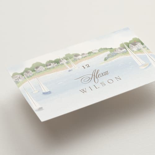 This is a aqua wedding place cards with standard by Jennifer Wick called bristol printing on signature in placecard