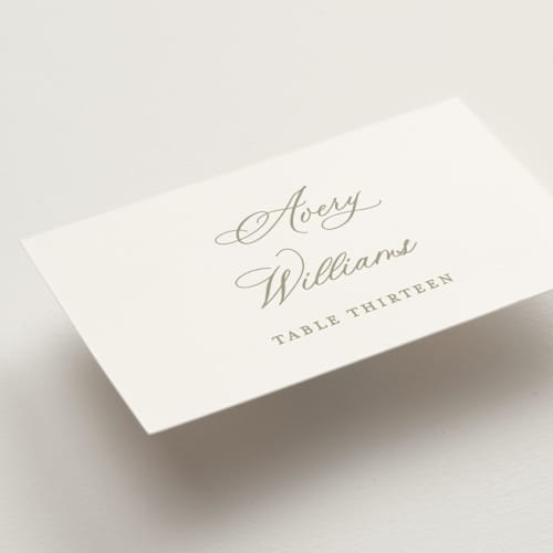 This is a paris rain wedding place cards with standard by Jennifer Postorino called calia printing on signature in placecard