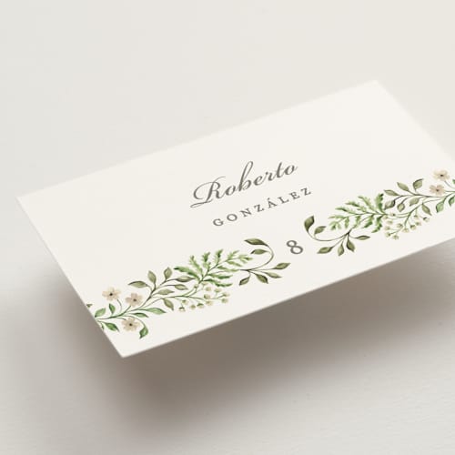 This is a sage wedding place cards with standard by Sarah Knight called greenery crest printing on signature in placecard