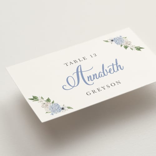 This is a periwinkle wedding place cards with standard by Design Lotus called sweethearts printing on signature in placecard