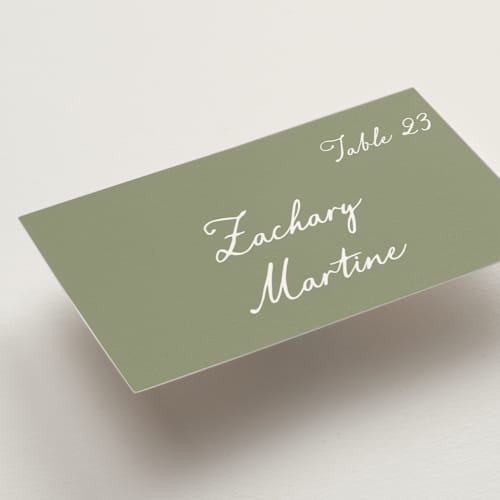This is a moss wedding place cards with standard by Cass Loh called handwritten printing on signature in placecard
