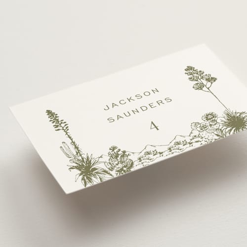 This is a verde wedding place cards with standard by Megan Davis called rancho printing on signature in placecard