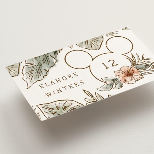 This is a earth wedding place cards with standard by Shiny Penny Studio called disney's mickey mouse tropical frame printing on signature in placecard