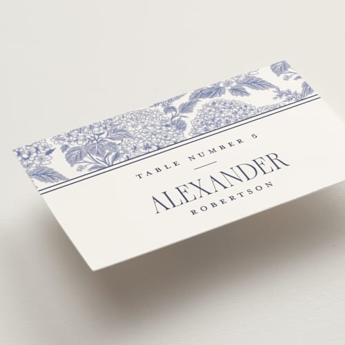 This is a periwinkle wedding place cards with standard by Jenna Holcomb called southern charm toile printing on signature in placecard