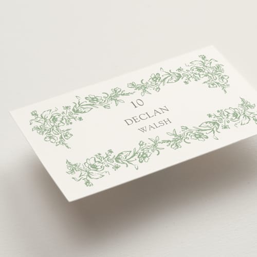 This is a mint wedding place cards with standard by Melinda Denison called romantic garden printing on signature in placecard
