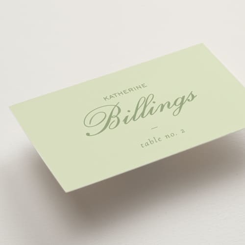 This is a mint wedding place cards with standard by Sara Hicks Malone called montgomery printing on signature in placecard