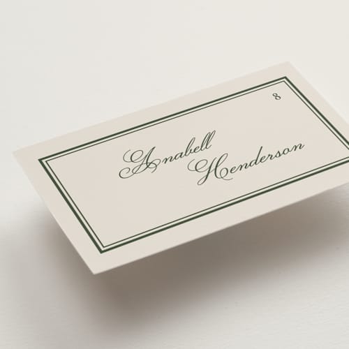 This is a evergreen wedding place cards with standard by Kelly Watkins called emerson printing on signature in placecard