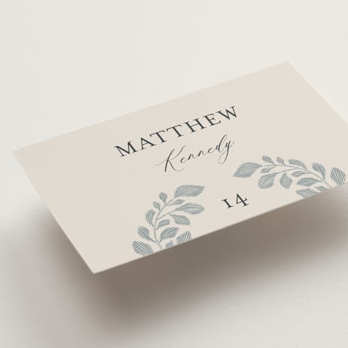 This is a dusty blue wedding place cards with standard by Jen Owens called embroidered printing on signature in placecard