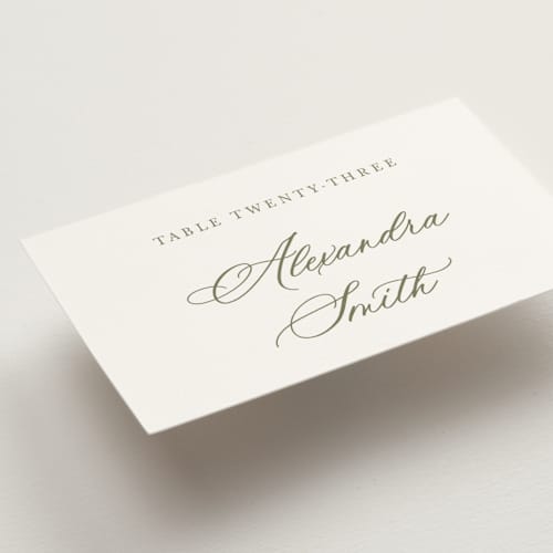 This is a moss wedding place cards with standard by Cass Loh called watercolor flowers crest printing on signature in placecard