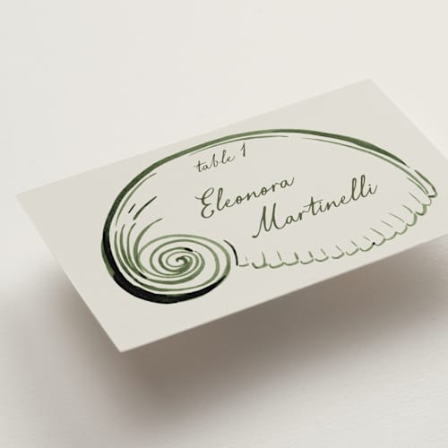 This is a algae wedding place cards with standard by Pati Cascino called puglia printing on signature in placecard