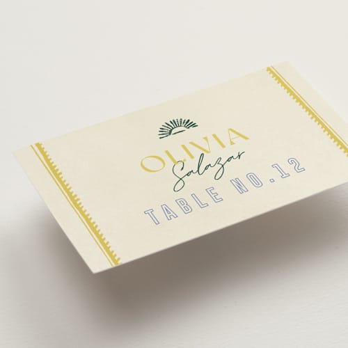 This is a island citrus wedding place cards with standard by Pixel and Hank called coastal drift printing on signature in placecard