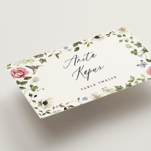 This is a peony wedding place cards with standard by Sarah Knight called ornate printing on signature in placecard