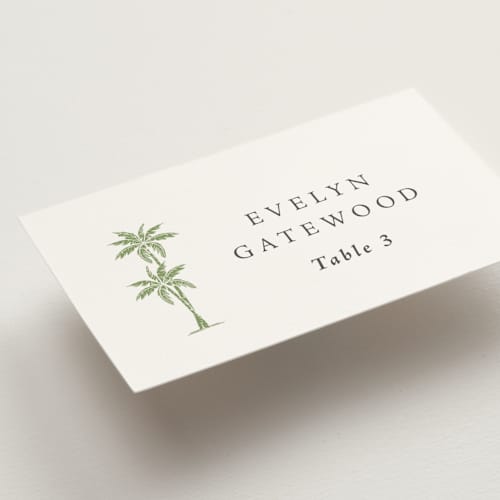 This is a leaf wedding place cards with standard by Olivia Raufman called palm monogram printing on signature in placecard