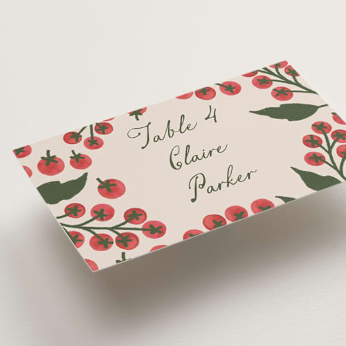 This is a tomato wedding place cards with standard by Katharine Watson called cherry tomatoes printing on signature in placecard