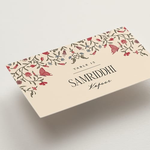 This is a almond wedding place cards with standard by Jenna Holcomb called tapestry printing on signature in placecard