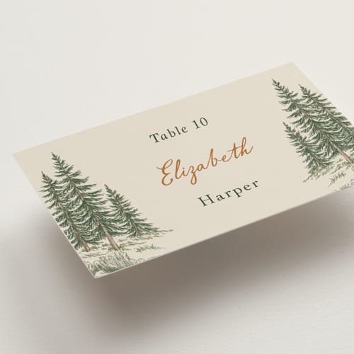 This is a forest wedding place cards with standard by Elly called whispering pines printing on signature in placecard