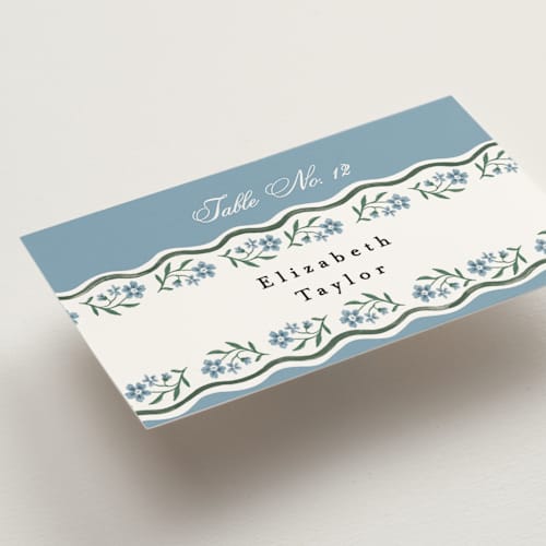 This is a periwinkle wedding place cards with standard by Alethea and Ruth called sweet vintage printing on signature in placecard