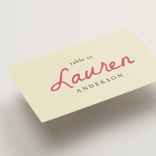 This is a blush wedding place cards with standard by Emily Miranda called romantic tropical wedding printing on signature in placecard