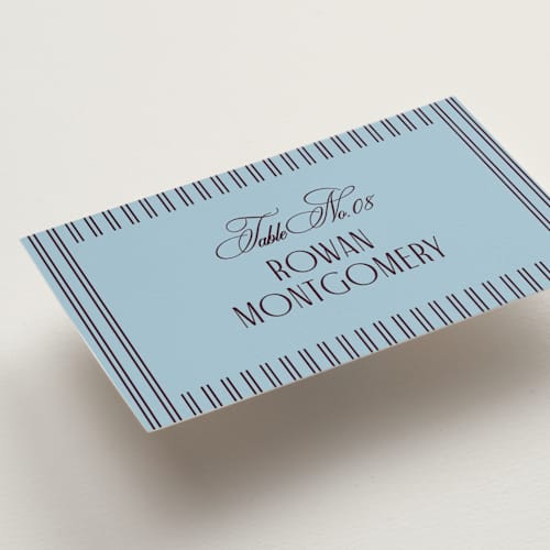This is a plum wedding place cards with standard by Owl and Toad called sophisticate printing on signature in placecard