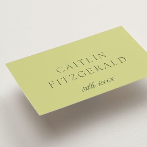 This is a chartreuse wedding place cards with standard by Everett Paper Goods called carlyle printing on signature in placecard