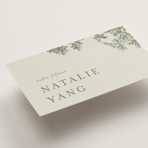 This is a jungle wedding place cards with standard by Jenna Holcomb called vintage tropics printing on signature in placecard