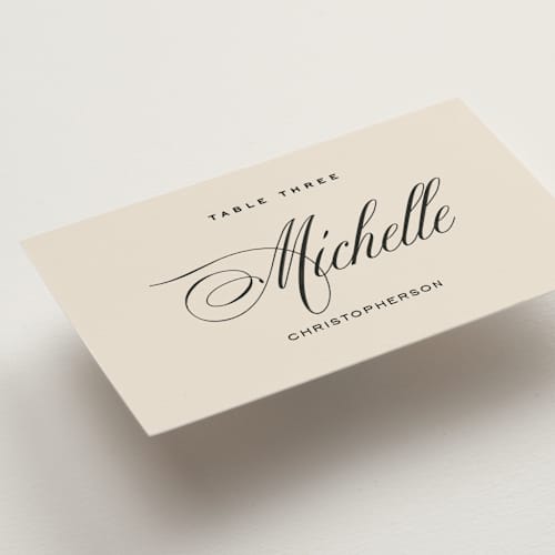 This is a almond wedding place cards with standard by Eric Clegg called modern romance printing on signature in placecard
