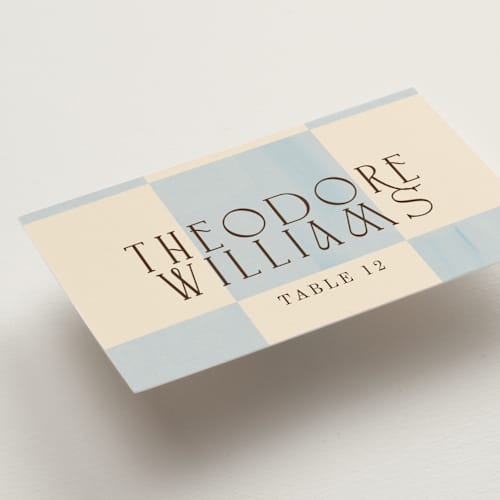 This is a ivory wedding place cards with standard by Baumbirdy called checker wash printing on signature in placecard