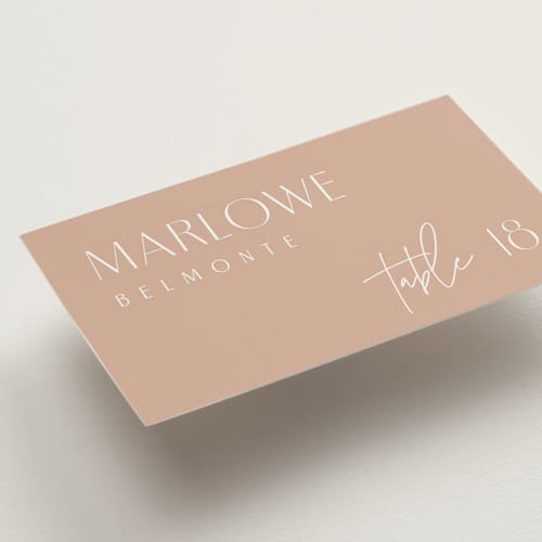 This is a terracotta wedding place cards with standard by Kelly Schmidt called overlap printing on signature in placecard