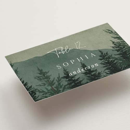 This is a jade wedding place cards with standard by Elly called the forest printing on signature in placecard