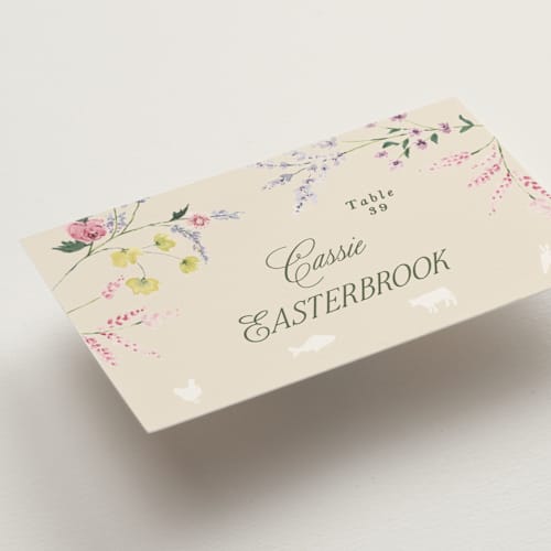 This is a english garden wedding place cards with standard by Phrosné Barwood called whimsey floral printing on signature in placecard