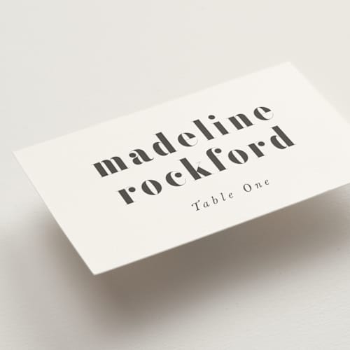 This is a charcoal wedding place cards with standard by Lori Wemple called monogram square printing on signature in placecard