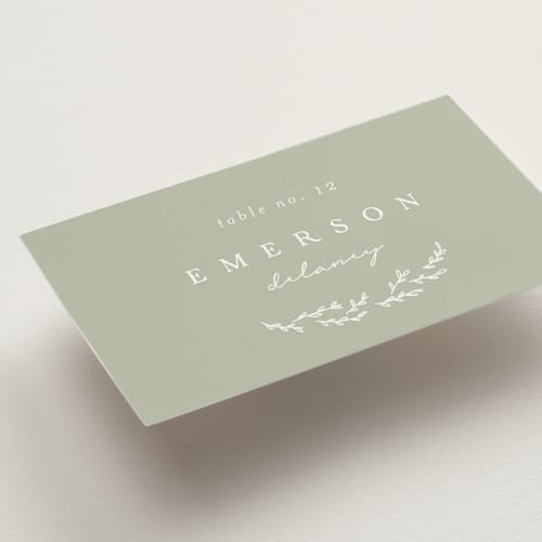 This is a sage wedding place cards with standard by Brianne Larsen called branched printing on signature in placecard
