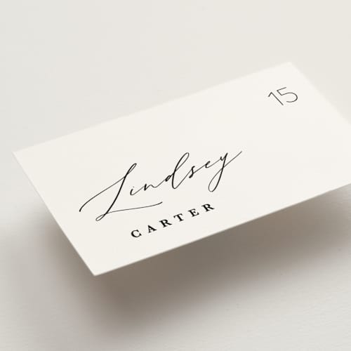 This is a tuxedo wedding place cards with standard by Kate Ahn called paire printing on signature in placecard