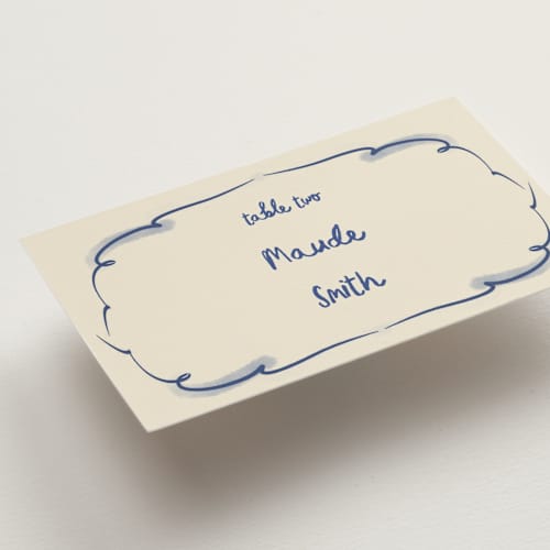 This is a marseille blue wedding place cards with standard by Ani Somi called santa catalina printing on signature in placecard