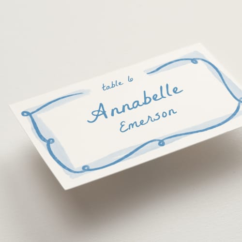 This is a blu wedding place cards with standard by Pati Cascino called giardino printing on signature in placecard