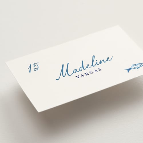 This is a cerulean wedding place cards with standard by Tamara Hilje called positano printing on signature in placecard