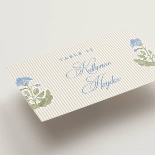 This is a powder wedding place cards with standard by Creo Study called patterned florals printing on signature in placecard