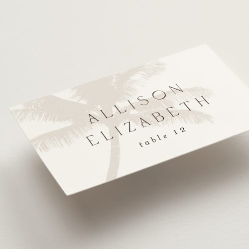 This is a ecru wedding place cards with standard by AK Graphics called palm printing on signature in placecard