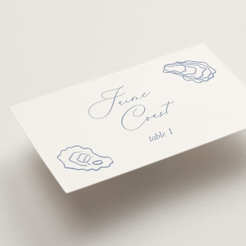 This is a oyster blue wedding place cards with standard by Cotton and Bow called i found my pearl printing on signature in placecard
