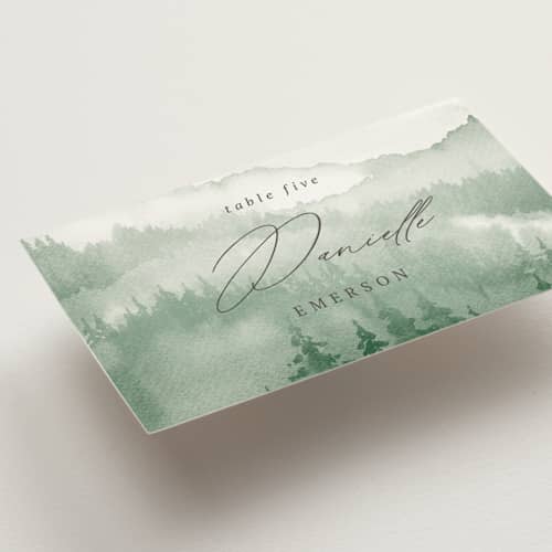 This is a fern wedding place cards with standard by Helen Halik called over the mountains printing on signature in placecard