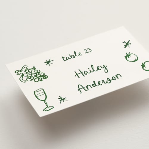 This is a forest wedding place cards with standard by Cass Loh called inky printing on signature in placecard