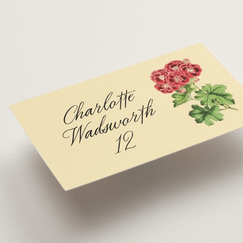 This is a crimson wedding place cards with standard by Kamala Nahas called vintage flower printing on signature in placecard