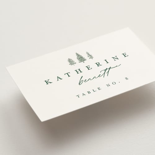 This is a pine wedding place cards with standard by Amy Kross called mountain ridge printing on signature in placecard